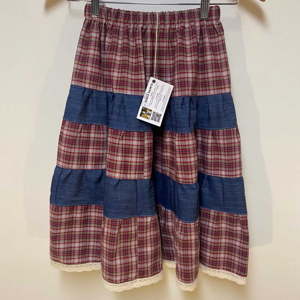 Girls Midi Mom and Pop's Kids Patchwork Skirt 6/7 Red Plaid Denim Lace Western